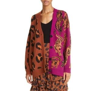 NWOT FARM RIO Cardigan M Oversized Wild-Leopards&Animal-Print Fuchsia-Pink&Brown